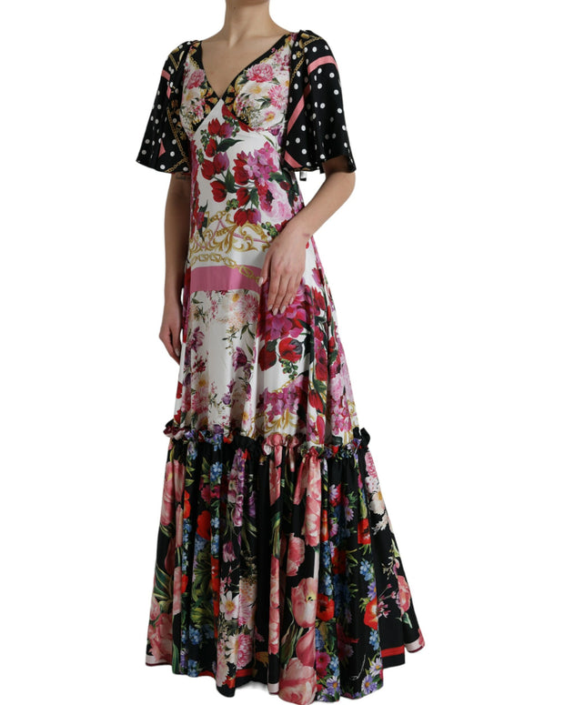 Multicolor Floral Print Silk Twill Gown Dress