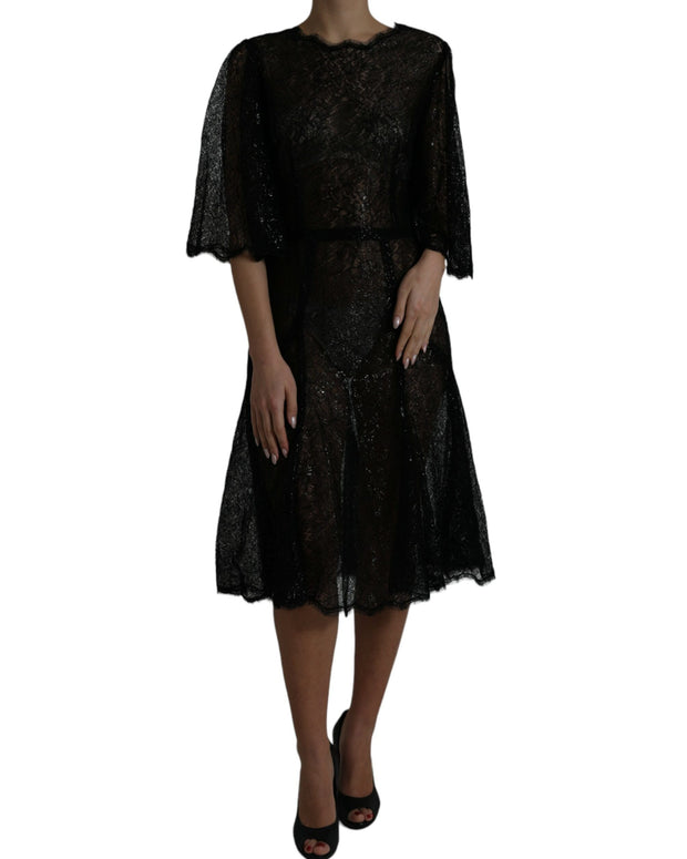 Black Floral Lace Sheer A-line Midi Dress