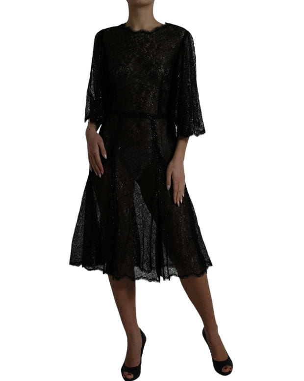 Black Floral Lace Sheer A-line Midi Dress