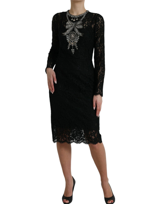 Black Lace Crystal Embellished Sheath Dress
