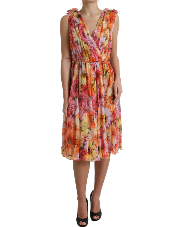 Multicolor Sunflower Print Silk Midi Dress