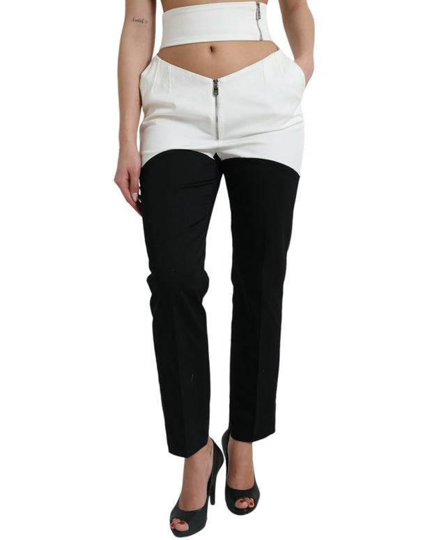 Black White Cotton Cut Out Waist Tapered Pants