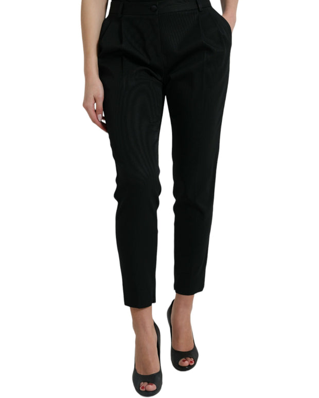 Black Wool High Waist Cropped Tapered Pants