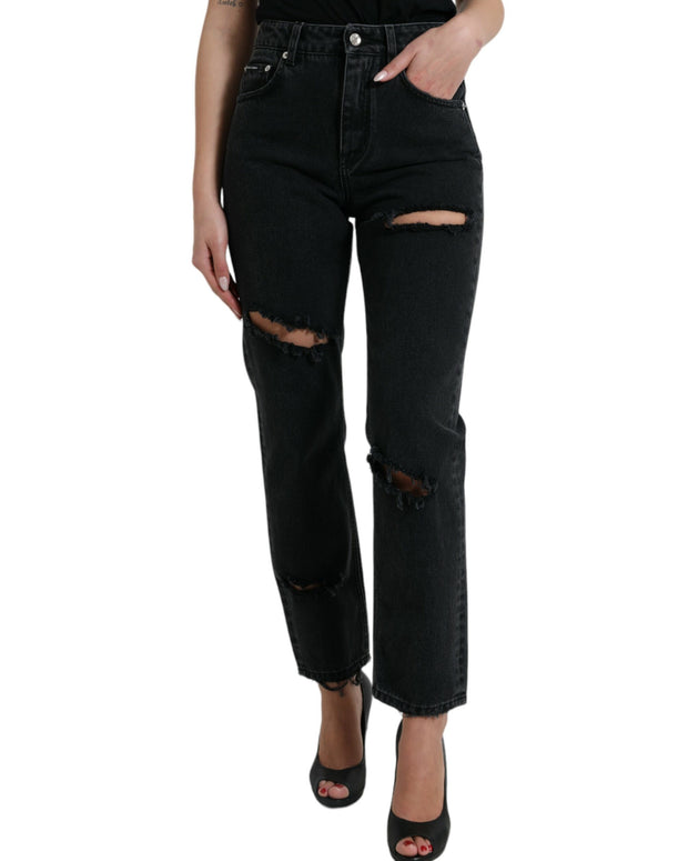 Black Cotton High Waist Tattered Denim Jeans