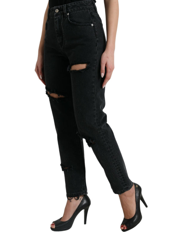 Black Cotton High Waist Tattered Denim Jeans