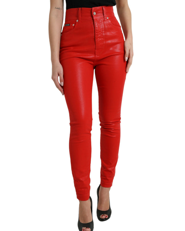 Red Cotton High Waist Skinny Denim Jeans