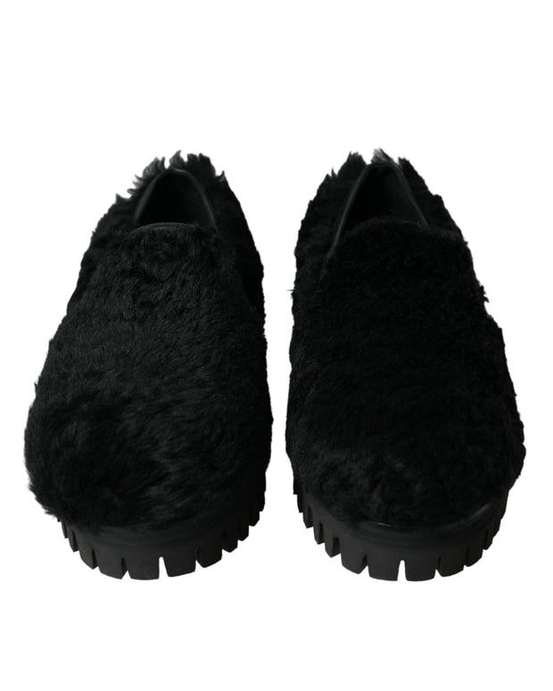 Black Fur Leather Slippers Dress Shoes