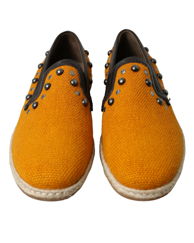 Orange Linen Leather Studded Loafers Shoes
