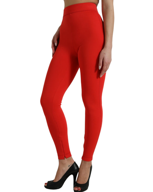 Red Nylon Stretch Slim Leggings Pants