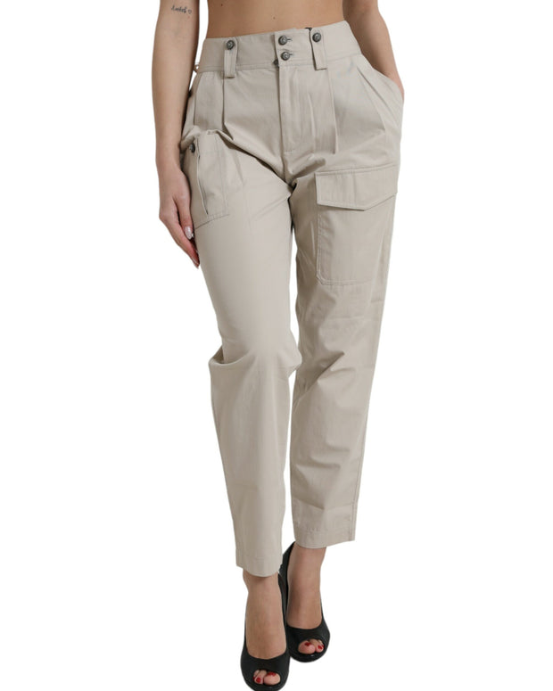 Beige Cotton High Waist Tapered Pants