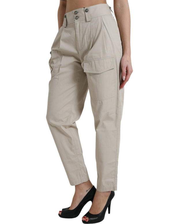 Beige Cotton High Waist Tapered Pants