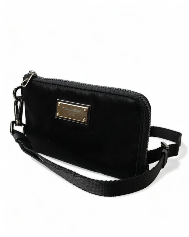 Black Nylon Logo Plaque Keyring Pouch Clutch Bag