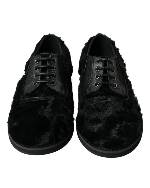 Black Fur Leather Lace Up Derby Dress Shoes