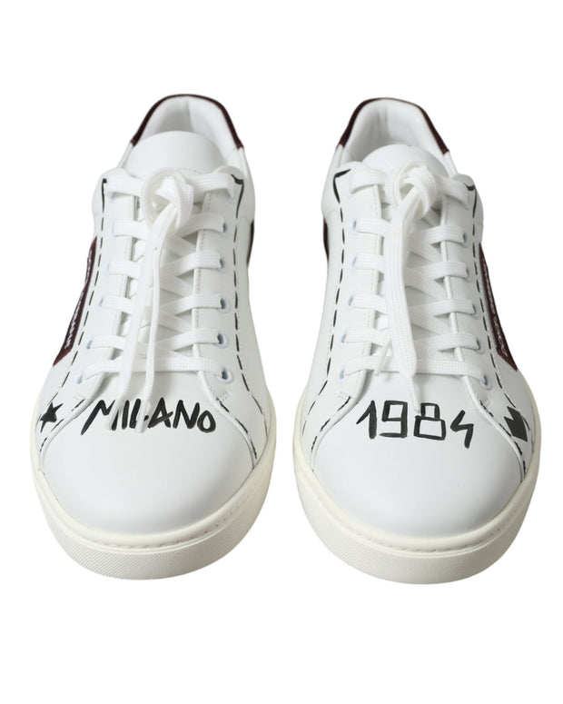 White Bordeaux Leather Logo Low Top Sneakers Shoes