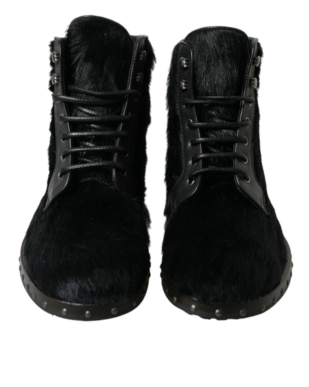 Black Pony Style Leather Mid Calf Boots Shoes