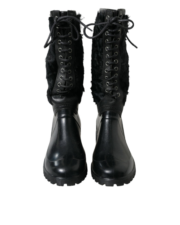 Black Rubber Lace Up Shearling Rain Boots Shoes