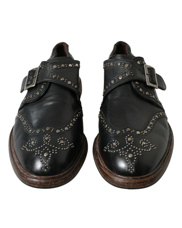 Black Leather Monk Strap Studded Dress Shoes