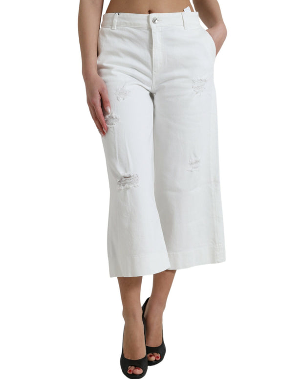 White Cotton Cropped Wide Leg Denim Jeans