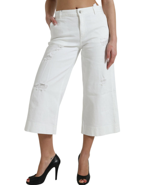 White Cotton Cropped Wide Leg Denim Jeans