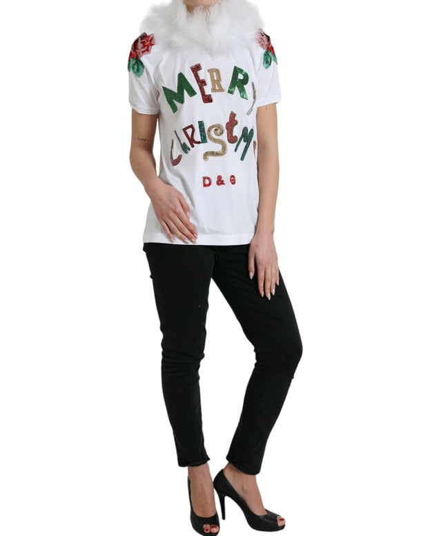 White Cotton Christmas Sequin Fur T-shirt