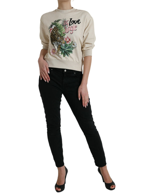 Beige Jungle Printed Cotton Pullover Sweater