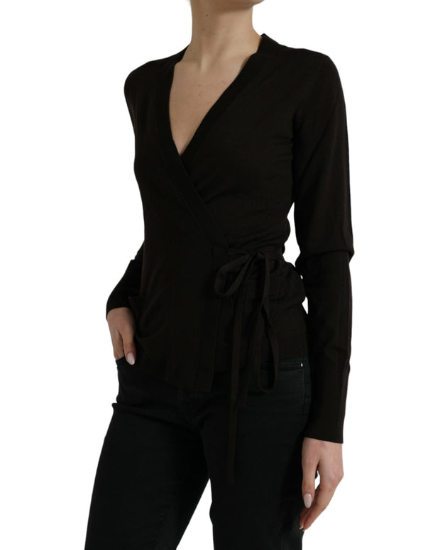Black Wool V-neck Crossed Cardigan Sweater