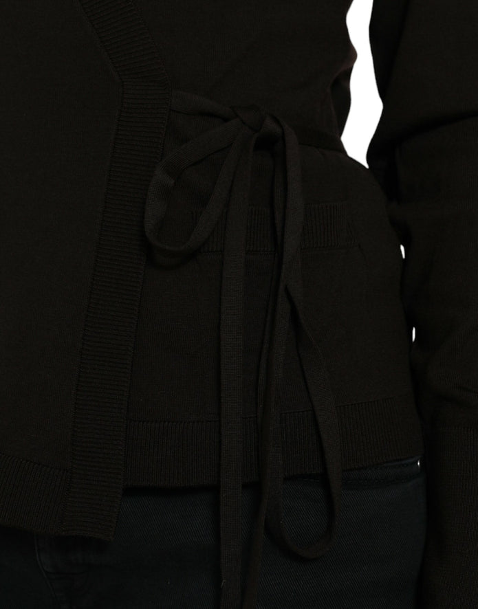 Black Wool V-neck Crossed Cardigan Sweater