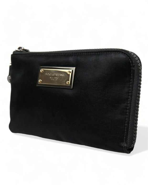 Black Nylon Logo Plaque Keyring Pouch Clutch Bag