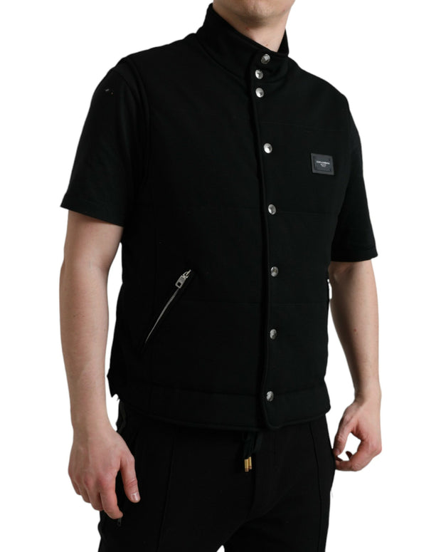 Black Rayon Buttoned Vest Logo Jacket