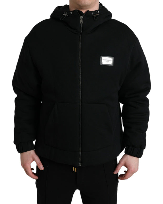 Black Cotton Hooded Logo Bomber Jacket