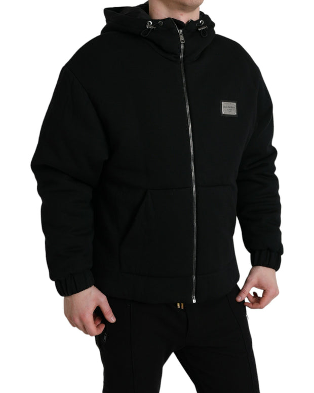 Black Cotton Hooded Logo Bomber Jacket