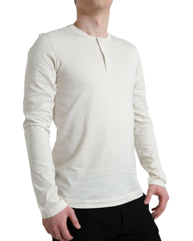 Off White Cotton Henley Pullover Sweater