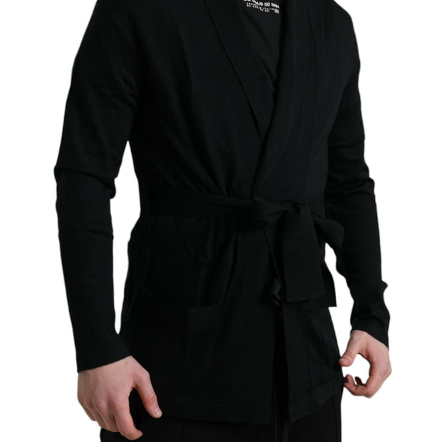 Elegant Black Cashmere Robe with Waist Belt