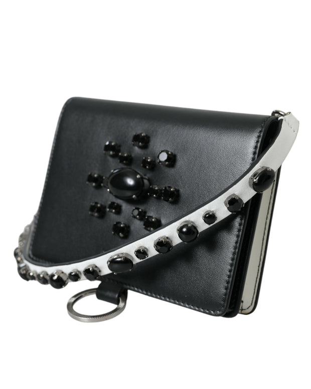 Black White Leather Crystal Embellished Cardholder Wallet