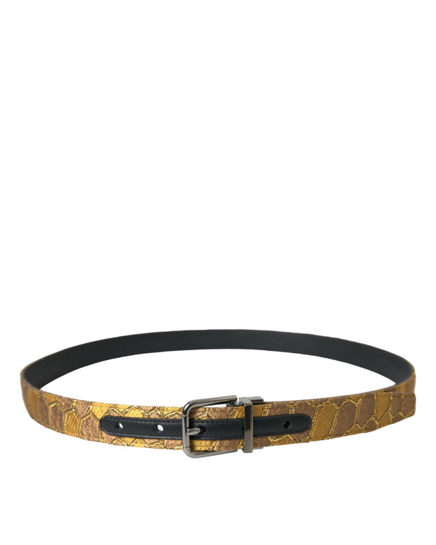 Gold Leather Jacquard Silver Metal Buckle Belt