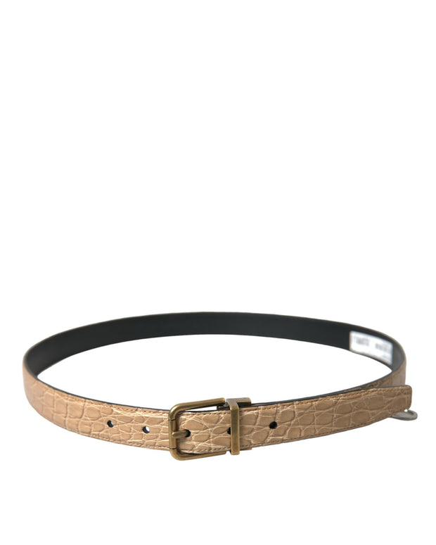 Beige Exotic Leather Gold Metal Buckle Belt