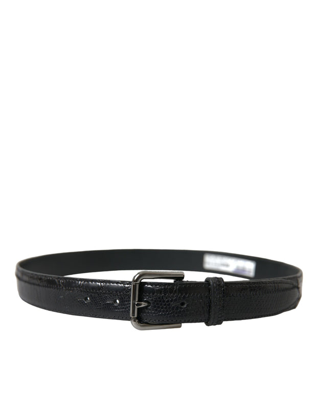 Black Exotic Leather Silver Metal Buckle Belt