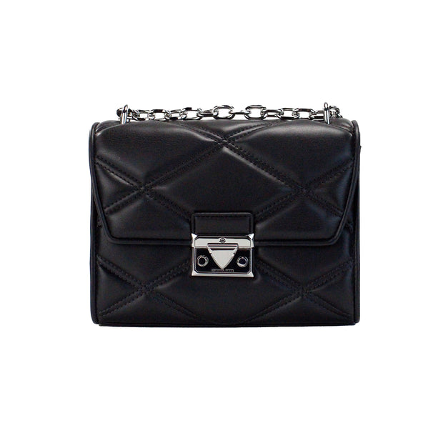 Serena Medium Black Diamond Quilted Faux Leather Flap Shoulder Bag