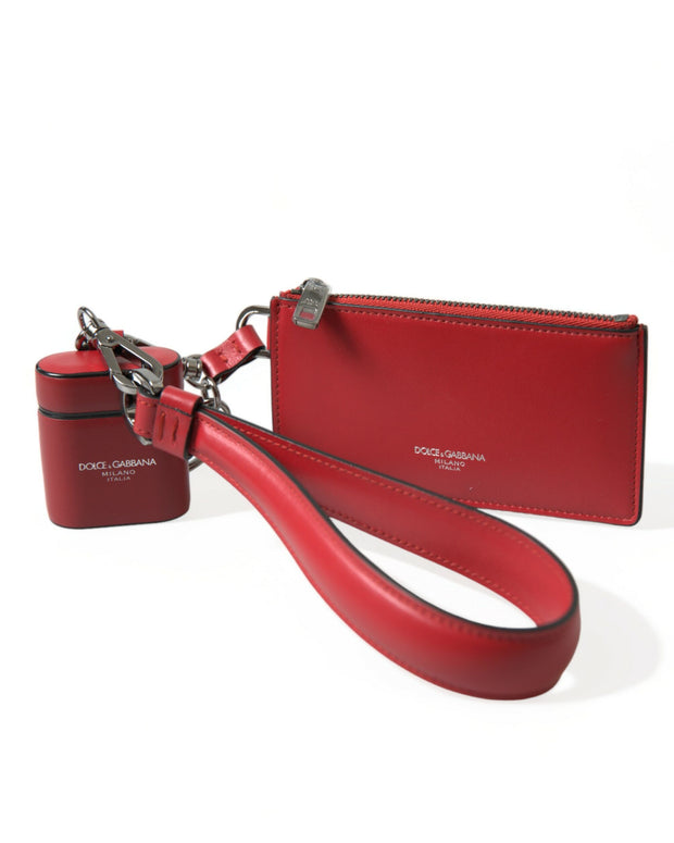 Red Leather Silver Metal Logo Strap Pouch Airpods Case