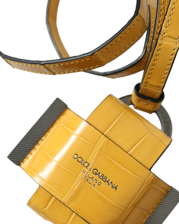 Yellow Crocodile Leather Logo Print Lanyard Keychain