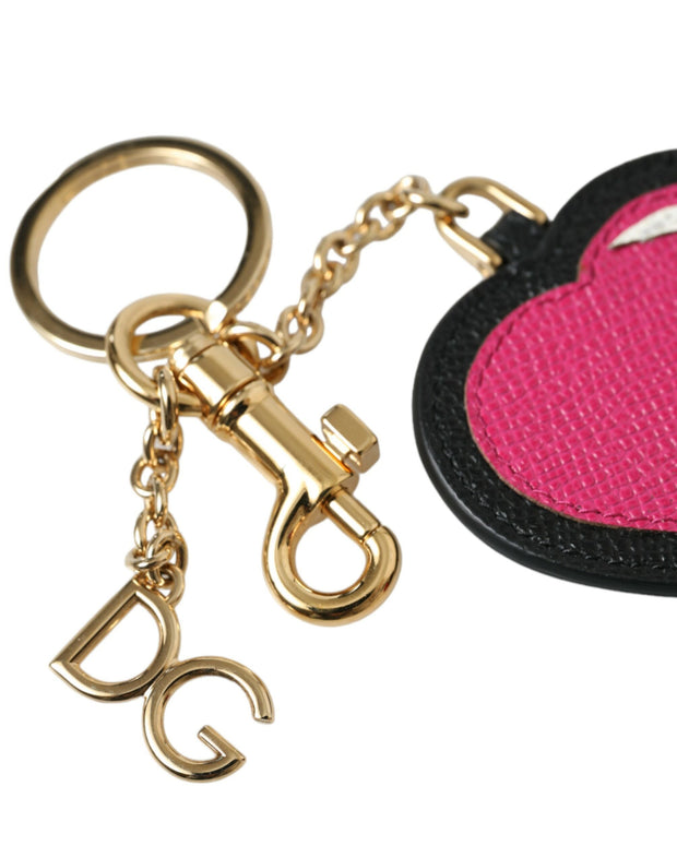 Pink Black Heart Leather Gold Tone Brass Keyring Keychain