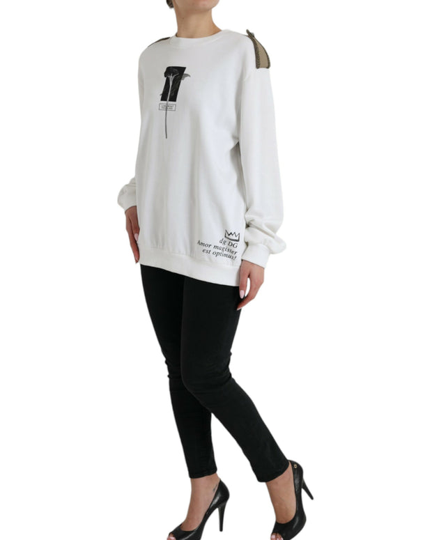 White Floral Cotton Crew Neck Pullover Sweater