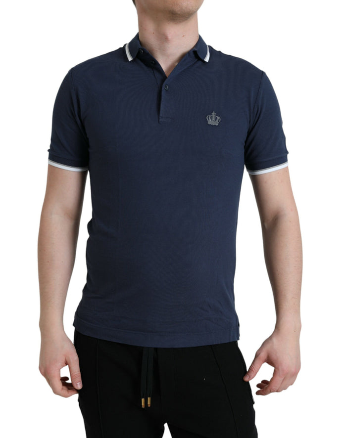 Blue Crown Patch Cotton Collared Men Polo T-shirt
