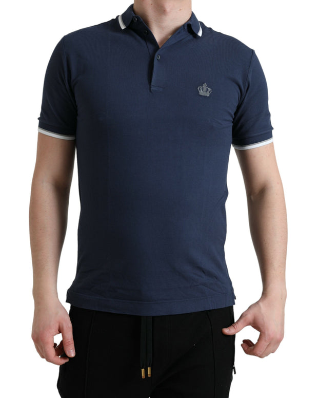 Blue Crown Patch Cotton Collared Men Polo T-shirt