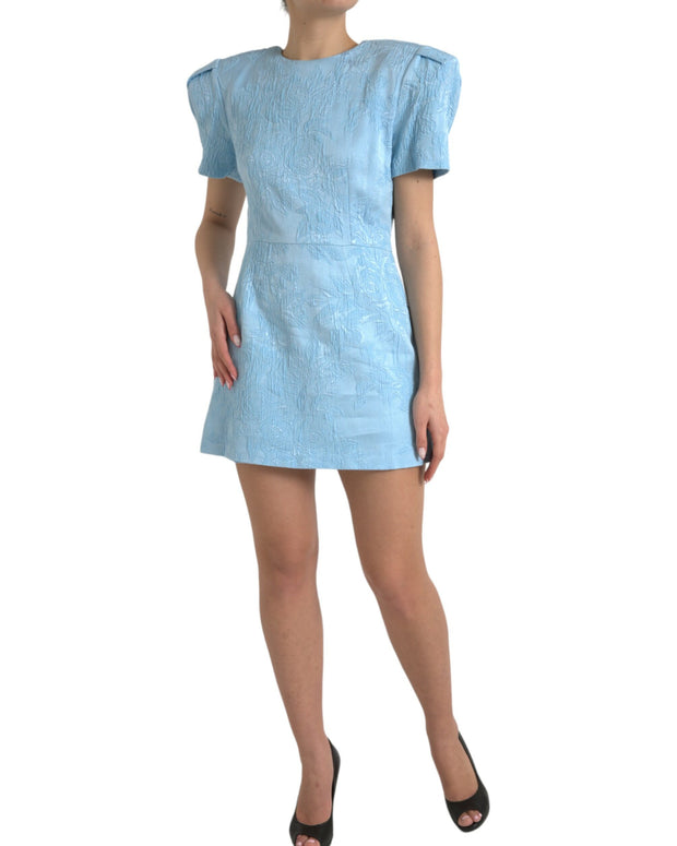 Light Blue Floral Jacquard Puff Sleeve Mini Dress