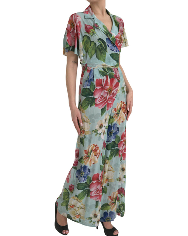 Blue Floral Wide Leg Wrap Jumpsuit Dress