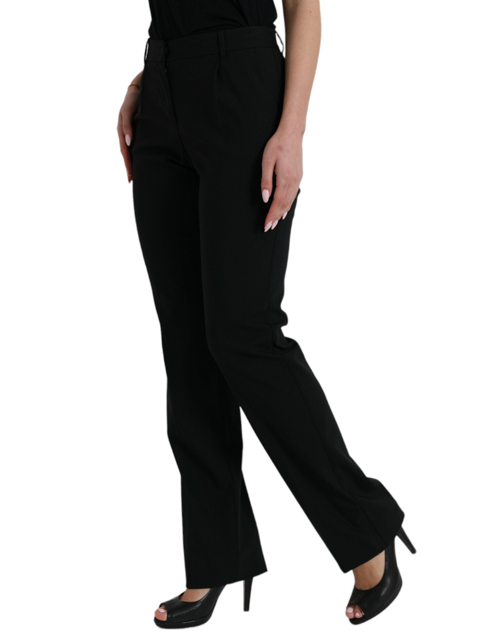 Black Wool Mid Waist Tapered Pants