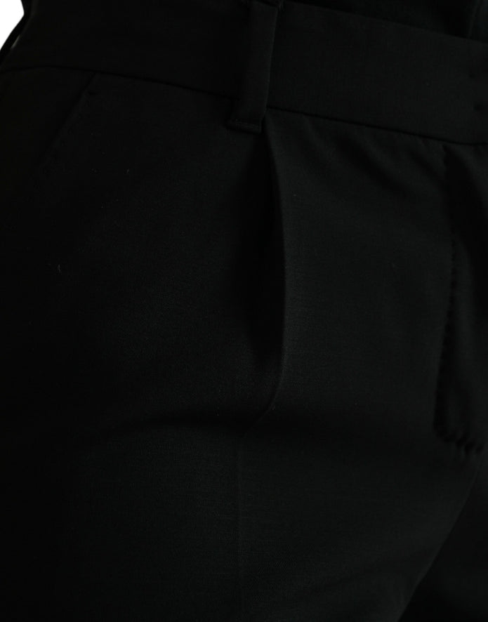 Black Wool Mid Waist Tapered Pants