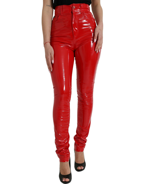 Shiny Red High Waist Skinny Pants