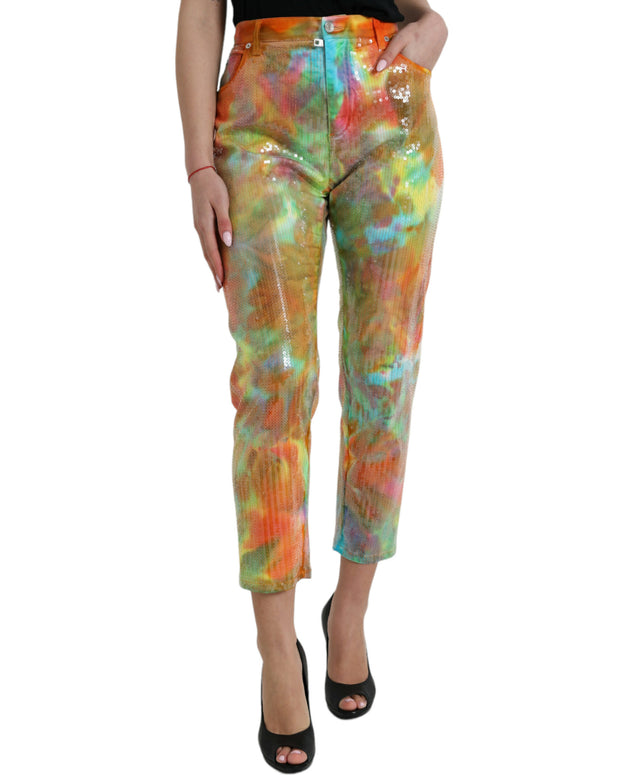 Multicolor Tie Dye Sequined High Waist Cropped Pants
